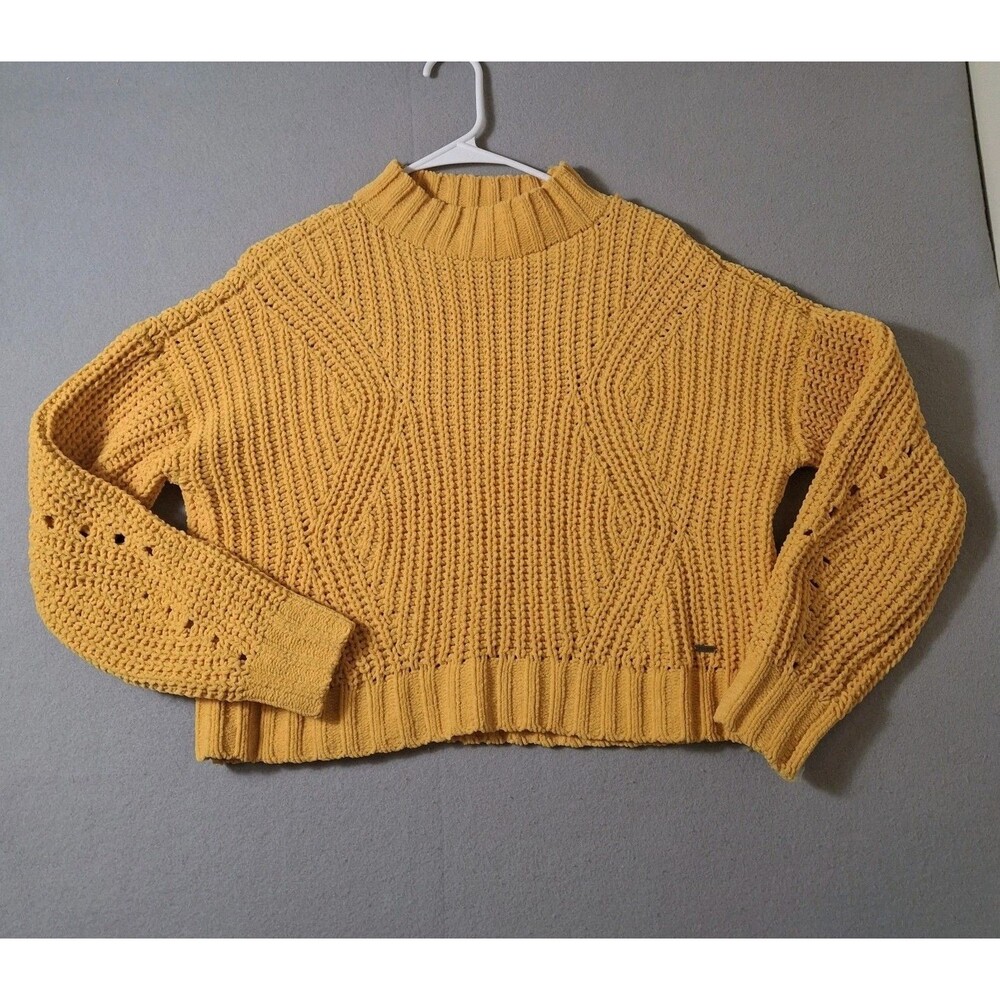 Hollister Sweater Women XS Yellow Mustard Gold Knit Cropped Chenille Pullover